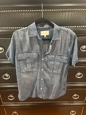 Current/Elliott Indigo Short-Sleeve Dot Button-Down Shirt